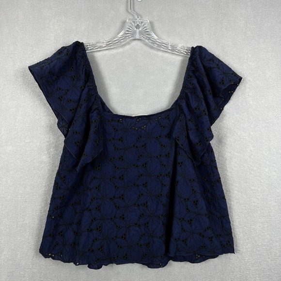 Eberjey Shirt Top Navy Blue Embroidered Evelyn Ruffled Cotton Large Top - Picture 9 of 10
